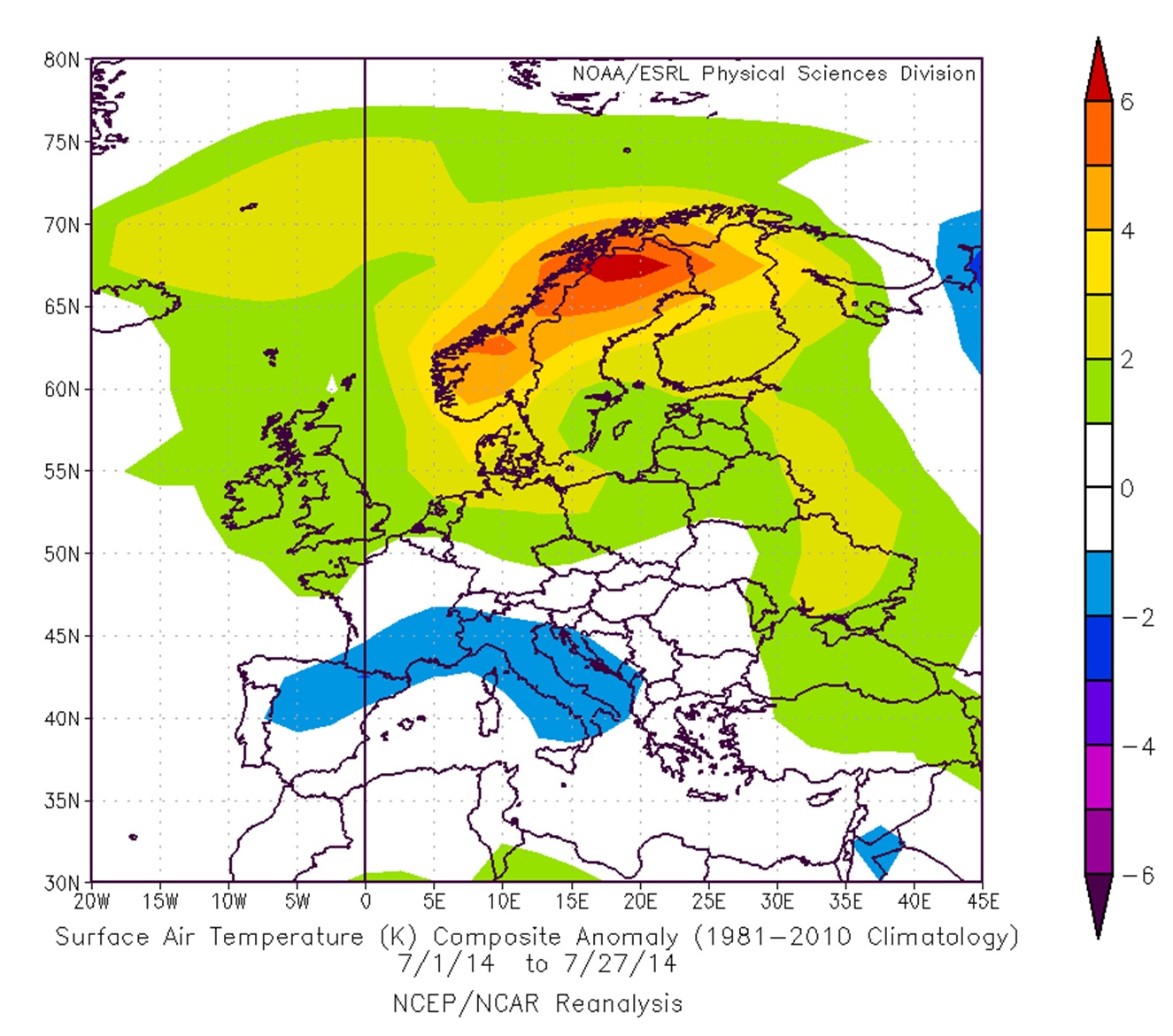 Im Alpenraum und im nördlichen Mittelmeer war der Juli 2014 zu kühl. Perfektes Sommerwetter herrschte in Skandinavien, wo ein Wärmeüberschuss von bis zu 6 Grad zustande kam. 