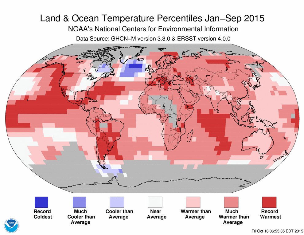Die Periode von Januar bis September 2015 war global die wärmste seit Messbeginn 1880. Das Jahr 2015 dürfte mit grossem Abstand vom wärmsten Jahr seit Messbeginn werden. In einer Region südöstlich von Grönland ist 2015 aber rekordkalt. Was bedeutet diese „Kälteinsel“ für Europa? 